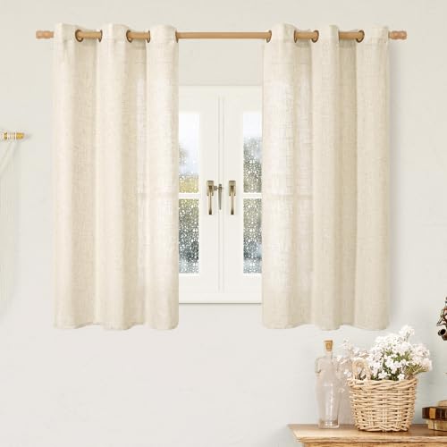 Image of LAMIT Beige Short Linen Curtains 54 Inch Length 2 Panel Set, Semi Sheer Bronze Grommet Window Drapes Light Filtering Neutral Boho Panels for Bedroom /Kitchen /Windows, 34 x 54 Inch