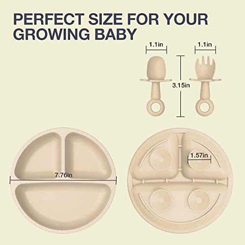 Baby Suction Plate With Self-Feeding Spoon Fork - Bpa Free Infant Newborn Utensil Set For Self-Training, Suction Plates For Babies Toddlers, Dishwasher Microwave Safe (Beige) #TOP1