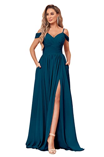 Image of BOLENSYE Off the Shoulder Bridesmaid Dresses with Pockets Ruched Chiffon Long Slit Formal Evening Gown