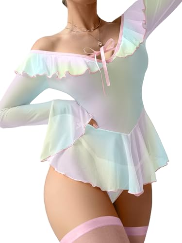 Image of Foxiny Sheer Ruffle Long Sleeve Babydoll Lingerie Dress | Off-shoulder neckline, flared cuffs and a flounce hem add movement; thong and thigh-high stockings complete the 3-piece set