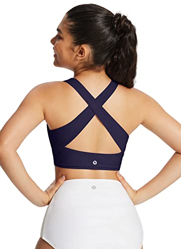 Baleaf Women's Swim Bra Tops Modest High Neck Push Up Bikini Top Athletic Sports Swimsuits Bathing Suit Under Rash Guard Dark Blue 36 #TOP1