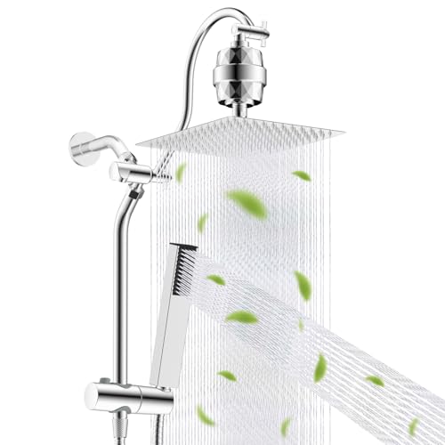 Hibbent cUPC Certified High Pressure 10'' Rainfall Shower Head, Showerhead Combo with 4-mode Handheld Spray, 12'' Adjustable Extension Arm, Extension Bar, Easy Reach Holder, 71'' Hose, Brush