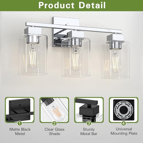 Image of Chrome Bathroom Vanity Light - 3 Light Bathroom Light Fixture Square Design & UL Certification, Bath Room Lighting Fixtures Over Mirror, Modern Vanity Lighting Fixture for Living Room