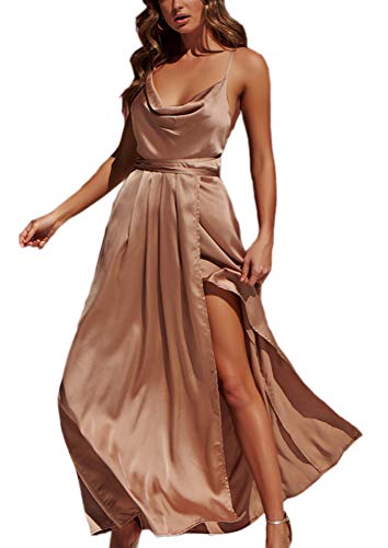 Yimeili Women's Satin Formal Dress Sexy Cowl Neck Backless Split Long Maxi  Cocktail Party Wedding Guest Dress (L, Golden Cowl Neck) : Clothing, Shoes  & Jewelry - Amazon.com