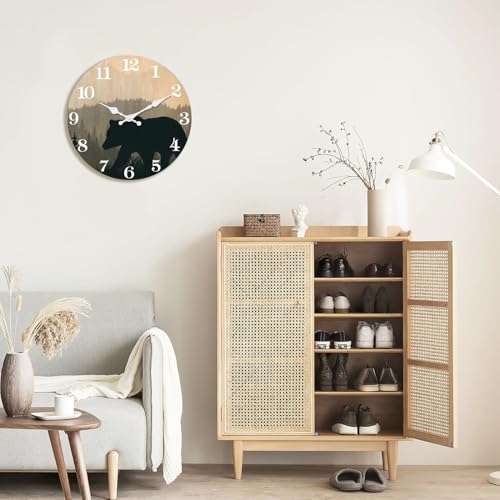 Image of XFM Large Cabin Bear Wall Clock Battery Operated 24 Inch Silent | Non-Ticking Forest Wildlife Battery Operated Rustic Farmhouse Clock for Lodge Living Room Kitchen Office