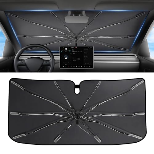 DAZANZAN 2026 for Tesla Model Y Model 3 Windshield Sun Shade Umbrella [7-Layer Vinyl Coating Heat Shield] Foldable Front Window Sunshade Umbrella Protect Interior from UV Keep Car Cooler(56 x 35)