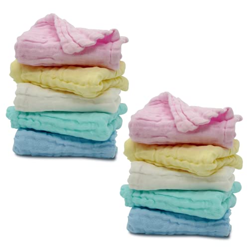 Image of ARSAHA Pack of 10 Baby Muslin Washcloths Set (12”x12”), 6 Layers Multi-Colored Baby Washcloths Made of 100% Organic Cotton Highly Absorbent and Ultra Soft Wash Cloths for Your Baby