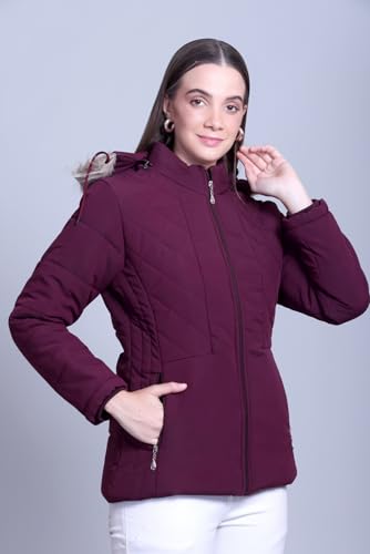 Image of Women's Quilted Winter Puffer Jacket with Fur Hood, Plum Purple, Full Zip