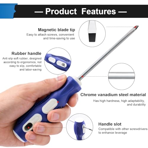 Image of smseace 2-Pack 4 Inch Slotted & Phillips Screwdriver Set, Long Phillips & Flat Head Magnetic Screwdriver with Rubber Handle include Magnetizer Demagnetizer