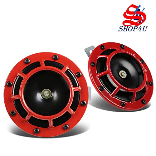 Image of 125MM Super Tone Red Grill Car Horn Set of 2 Compatible with Hyundai Creta (Metal Chrome, Free Relay and Wire)