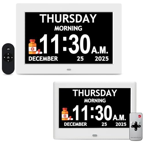 FLYRUIT 7" White & 10.1" White Dementia Clock Set (2-Pack) - Large Digital Display with Date/Time, Auto Dimming, 6 Alarms, Remote Control