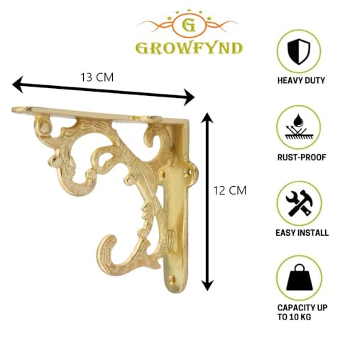 Image of Metal Handcrafted Shelf Bracket for Floating Shelves L Angle Decorative L Shaped Corner Brace Joint Heavy Duty Wall Mounted Shelf Supporter Corner Brace Holder (Gold, Pack of 2)