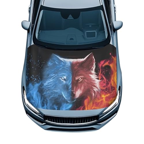 Image of Water Fire Wolf Car Hood Cover Polyester Elastic Fabrics Can be Washed Suitable for Large SUV and Pickup Trucks