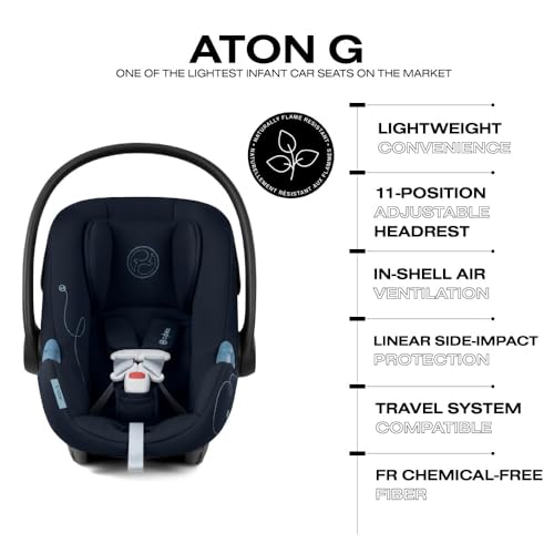 Image of Cybex Aton G Infant Car Seat with Linear Side-Impact Protection, 11-Position Adjustable Headrest, in-Shell Ventilation, Easy-in Buckle, Safelock Base, Ocean Blue
