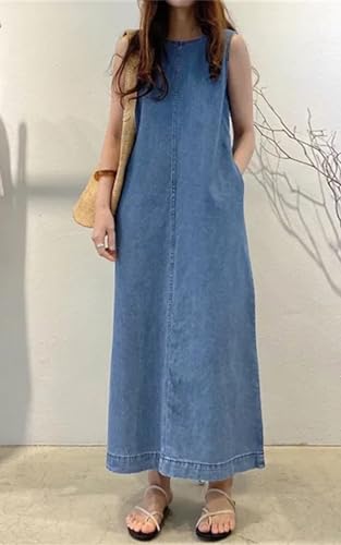 Womens Casual Sleeveless Maxi Denim Dress Crewneck Vintage Loose Long Vest Jean Dress with Pockets4