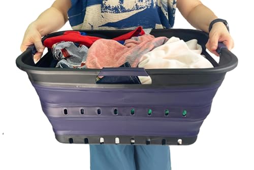 Image of SAMMART 42 (11 Gallons) Collapsible Plastic Laundry Basket, Foldable Pop Up Storage Container /Organizer, Space Saving Hamper, Portable Bin for Dorm Room Bathroom (1, Black /Dark Purple)