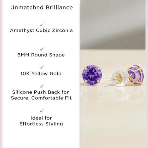 Jewelili 10K Gold Solitaire Stud Earrings for Women | Yellow / White Gold | 6 MM (1.5 CTW) Round Cut Cubic Zirconia Studs | Dainty & Timeless Fine Jewelry | Silicone Push Back Post | Birthday Gift for Her2