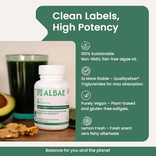 Image of Albae V-Balance | 250mg Algal DHA Omega-3 + 11 Essential Vitamins & Minerals | Targeted Nutrition for Vegetarian & Vegan Diets | Vitamin D3, K2, Calcium, B12 & Iron | 180 Lemon-Scented Softgels