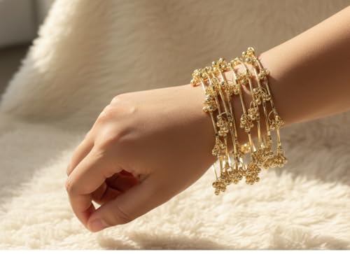 Image of NMII Ethnic Wear Bangles Gold-Tone Alloy with Musical Ghungroo Charms | Women Fashionable Jewelry | Designer Bracelet Bangles For Girls | Viral Kashmiri Chudiya for Weddings, Festivals & Parties