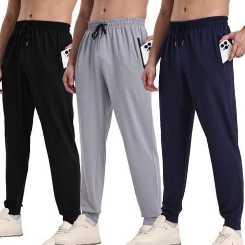 Hpbygstae Confezione da 3 pantaloni da jogging, da uomo, sportivi, con tasche con cerniera, corsa e fitness, Confezione da 3/nero/grigio chiaro/blu navy, L