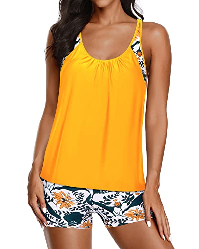 Yonique Tankini Swimsuits For Women Athletic Swim Tank Top With Boy Shorts Two Piece Tummy Control Bathing Suits Yellow And Flowers M thumb #2