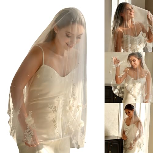 Velo de novia bordado con perlas cómodas y encaje blanco de boda 2
