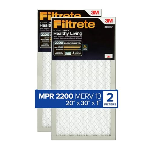Filtrete 20x30x1 AC Furnace Air Filter, MERV 13, MPR 2200, Elite Allergen, Bacteria & Virus Filter, 3-Month Pleated 1-Inch Electrostatic Air Cleaning Filter, 2-Pack (Actual Size 19.81x29.81x0.78 in)
