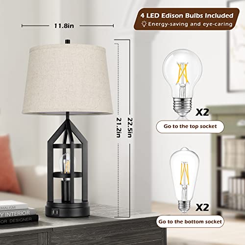 Farmhouse Table Lamps for Living Room Set of 2, 3-Way Dimmable Touch Control Bedside Lamps with 2 USB Charging Ports, Bedroom Reading Lamps for Nightstand, Rustic Home Decor, 4 LED Bulbs Included - Image 6