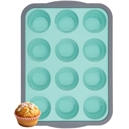JJQHYC Silicone Muffin Trays with Metal Frame, 12 Cup Muffin Tin Non-Stick Cupcake Tray Baking Moulds for Yorkshire Pudding, Cupcakes, Brownies