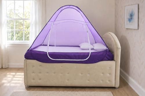 Image of Healthy Sleeping Mosquito Net | Double Bed | Supreme King Size Bed | Foldable Machardani with 2 Side Zipper Opening | Strong 30GSM Polyester Net | PVC Coated Steel Wire (Violet)