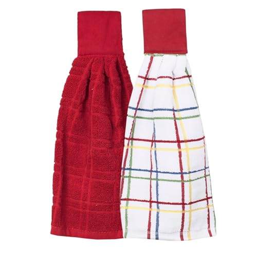 Image of Ritz Premium 100% Cotton Solid and Multi Check Kitchen Tie Towel, Absorbent, Super Soft, and Fast Drying Hang Towel, Set of Two, Paprika Red