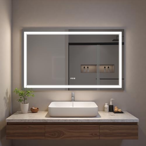 Trygoal Espejo de baño LED de 36 x 60 pulgadas con luces, espejos de pared para sobre fregadero, regulable continuamente, retroiluminado e iluminación frontal, espejo de tocador de vidrio con función