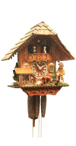 Rombach & Haas Klassische Kuckucksuhr Naturholz hell mit beweglichem Reh und Mühlrad 1-Tagwerk 32 cm