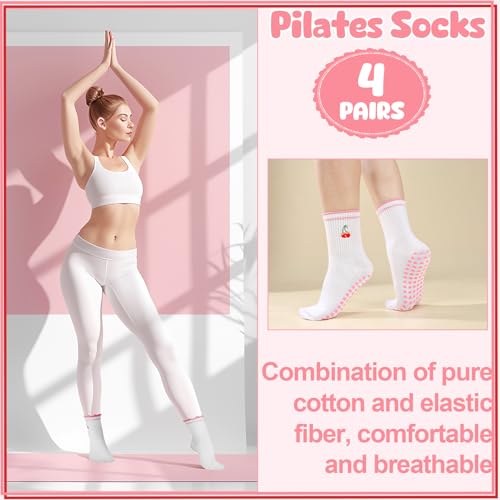 Image of Jspupifip 2 /4 /5 Pairs Cute Pilates Socks for Women Embroidery Non Slip Yoga Socks for Barre Workout Hospital