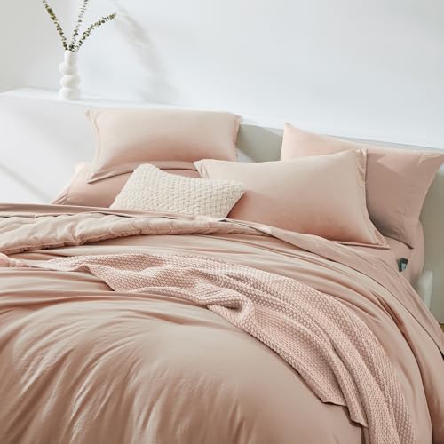 Image of Queen Comforter Set-7 Pieces Soft Prewashed Bed in a Bag Queen Bedding Sets | All Season Comforter with Sheets, Pillow Shams & Pillowcases,Clay Pink