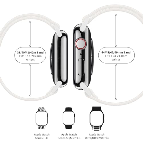 Image of AMANECER Stretchy Nylon Bands Compatible with Apple Watch Ultra 3 /2 /1 SE Series 11 /10 /9 /8 /7 /6 /5 /4, Adjustable Braided Elastic Sport Loop Rugged Strap for iWatch Women Men (Bright White, 44 /45 /46 /49MM)