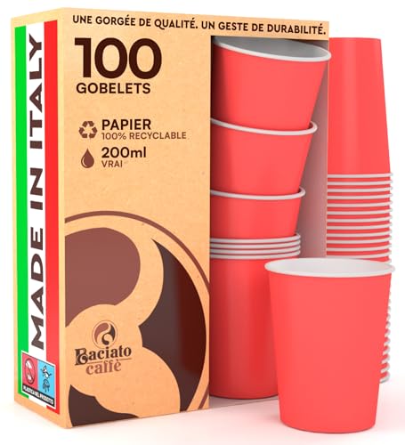 Baciato Caffè 100 Gobelets Carton, Rouge, Jetables, pour la Boisson Froide, Chaude, Café, Thé, Cappuccino, pour Anniversaire, Noël, 200ml