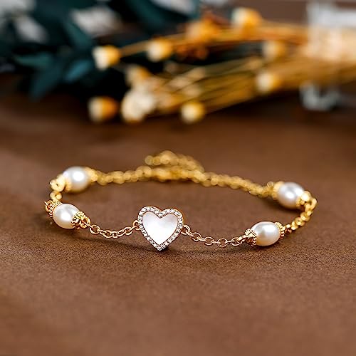 Image of Gold Pearl Bracelet for Women, REAL 14K Gold Plated Double Layered Dainty Pearls Bracelet, Elegant Stackable Flower Jewelry Gift for Her with OT Clasp
