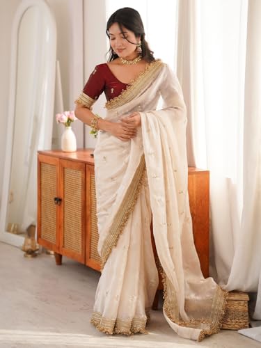 Image of AKHILAM Women's Shimmer Off White Georgette Sequence Embroidery Saree With Unstitched Blouse Piece