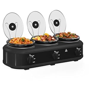 Triple Slow Cooker Buffet Server and Warmers, Small Slow Cooker with 3 Individual Adjustable Temp, 3 Dishwasher Safe Ceramic Pots, Total 4.5 Quarts, Black