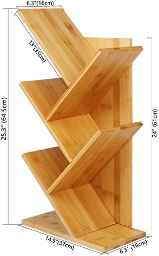 Bücherregal 4 Ebenen Raumteiler Standregal Holzregal, Standregal zur Präsentation Baumform, Raumteiler Standregal Büroregal, Standregal, CD Regal aus Holz für Wohnzimmer, 64.5x37x16cm, Bambus