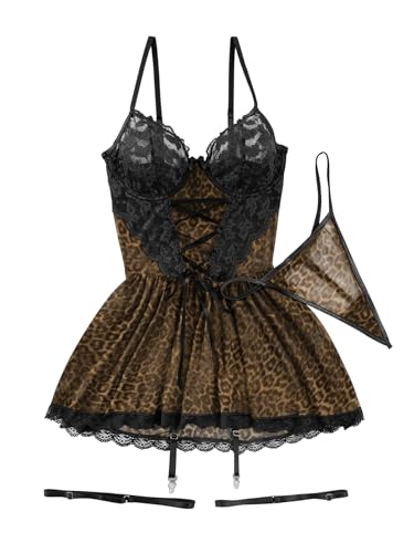 Image of Lilosy Sexy Garter Belt Mesh Lace Babydoll Lingerie Dress Set with Thong