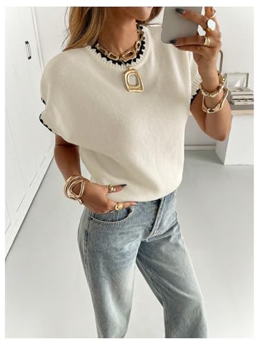 GORGLITTER Women's Short Sleeve Sweater Contrast Trim Crew Neck Boho Loose Pullover Business Casual Tops4