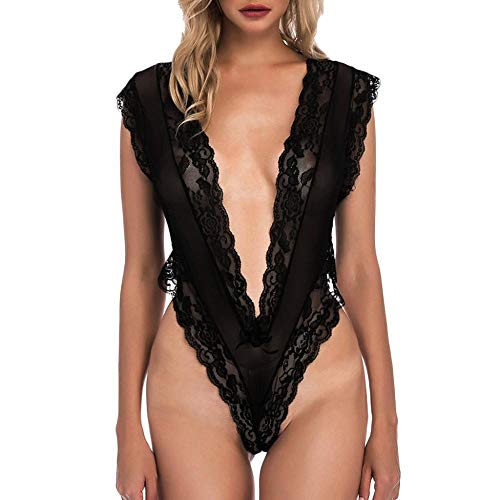 Body femme décolleté V plongeant en dentelle noire grande taille 3X pour nuit glamour