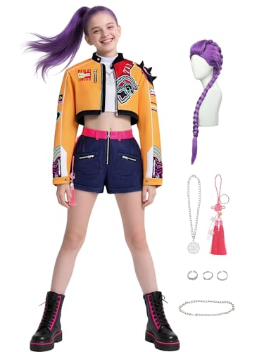 Rumi Costume Kids Girls Pop Singer Demon Hunters Costume with Premium Rumi Wig and All Accessories Toddler Halloween Costumes KF052L