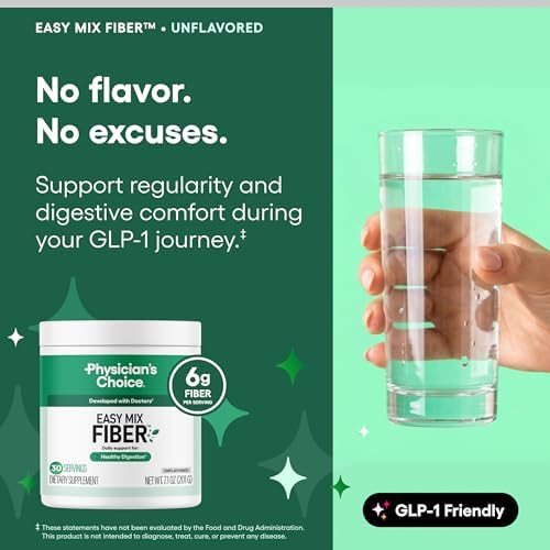 Physician's CHOICE Easy Mix Fiber for GLP-1 Support - No Grit & Sugar Free - Daily Prebiotic Soluble Fiber Powder Supplement - Digestive Health & Regularity - for Women and Men - Unflavored - 7.1oz — view 2