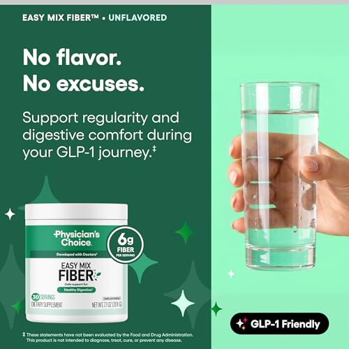 Image of Physician's CHOICE Easy Mix Fiber for GLP-1 Support - No Grit & Sugar Free - Daily Prebiotic Soluble Fiber Powder Supplement - Digestive Health & Regularity - for Women and Men - Unflavored - 7.1oz