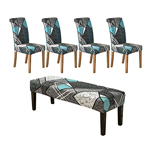 HAOYONG Dining Room Chair Cover Printed Chair Slipcover Washable Parsons Chair Slipcover Removable Seat Protector for Dining Room Hotel Ceremony Restaurant - 4 PCS Chair Cover+1 PC Bench Cover