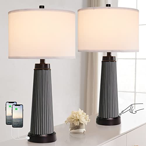 Roriano Table Lamps For Living Room Set Of 2, 3 Way Dimmable Modern Glass Touch Lamp With 2 Usb Ports, 26" Farmhouse Nightstand Desk Lamp For Bedroom Bedside, Led Bulbs Included (Black) #TOP28