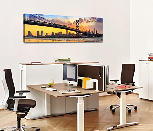 Image of Philadelphia Skyline Wall Art Cityscape Panorama Canvas Print 13.8 inchx45.3 inch | Living Room Decor, City Building House Poster, Bridge Sunset Scenery, Office Bedroom Decorations, Framed